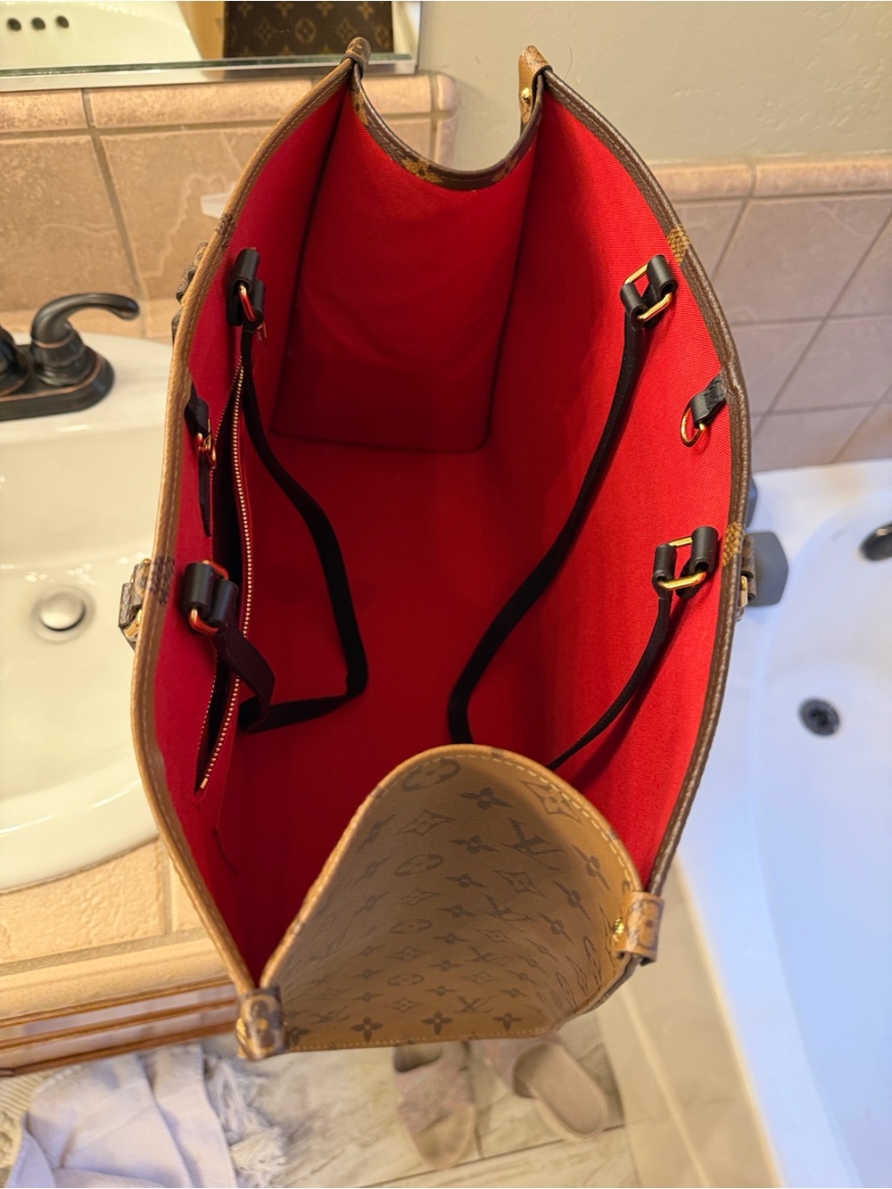 Louis Vuitton Monogram Canvas Tote with Black Straps and Red Interior - Picture 5 of 12